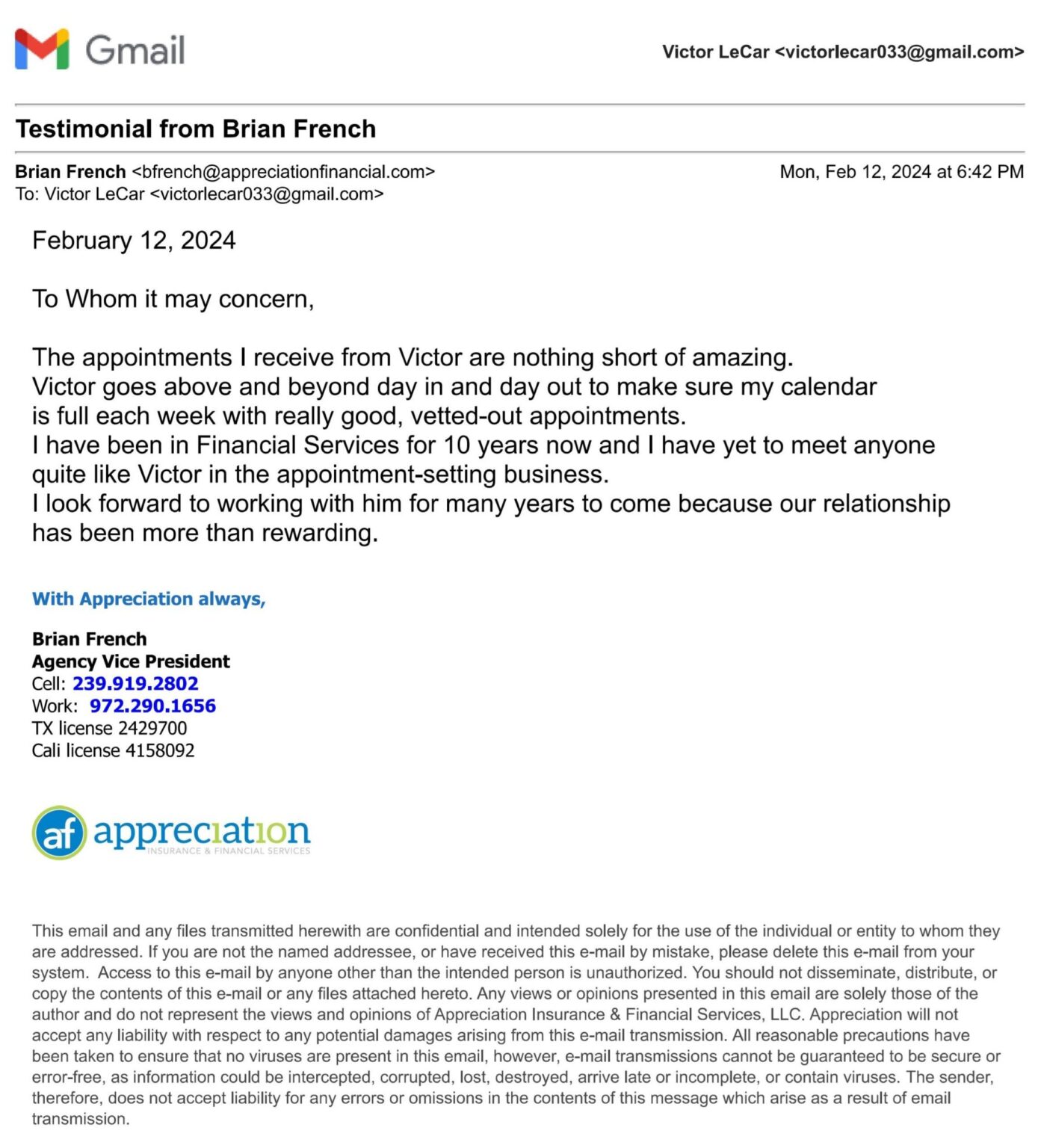 Agent testimonial - Brian