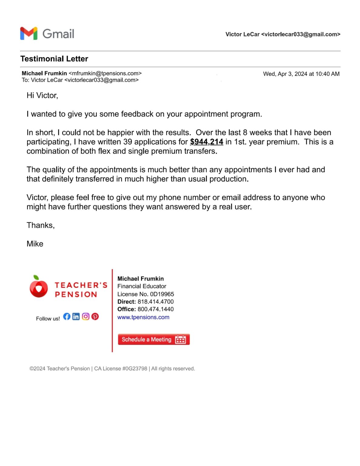 Agent testimonial - Michael